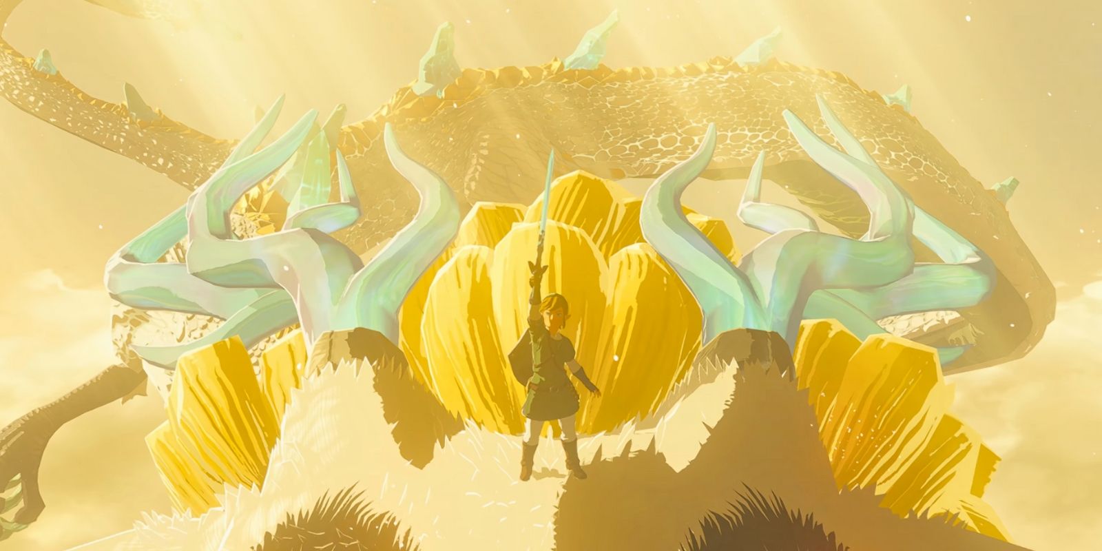Link holding up the Master Sword on top of a Light dragon
