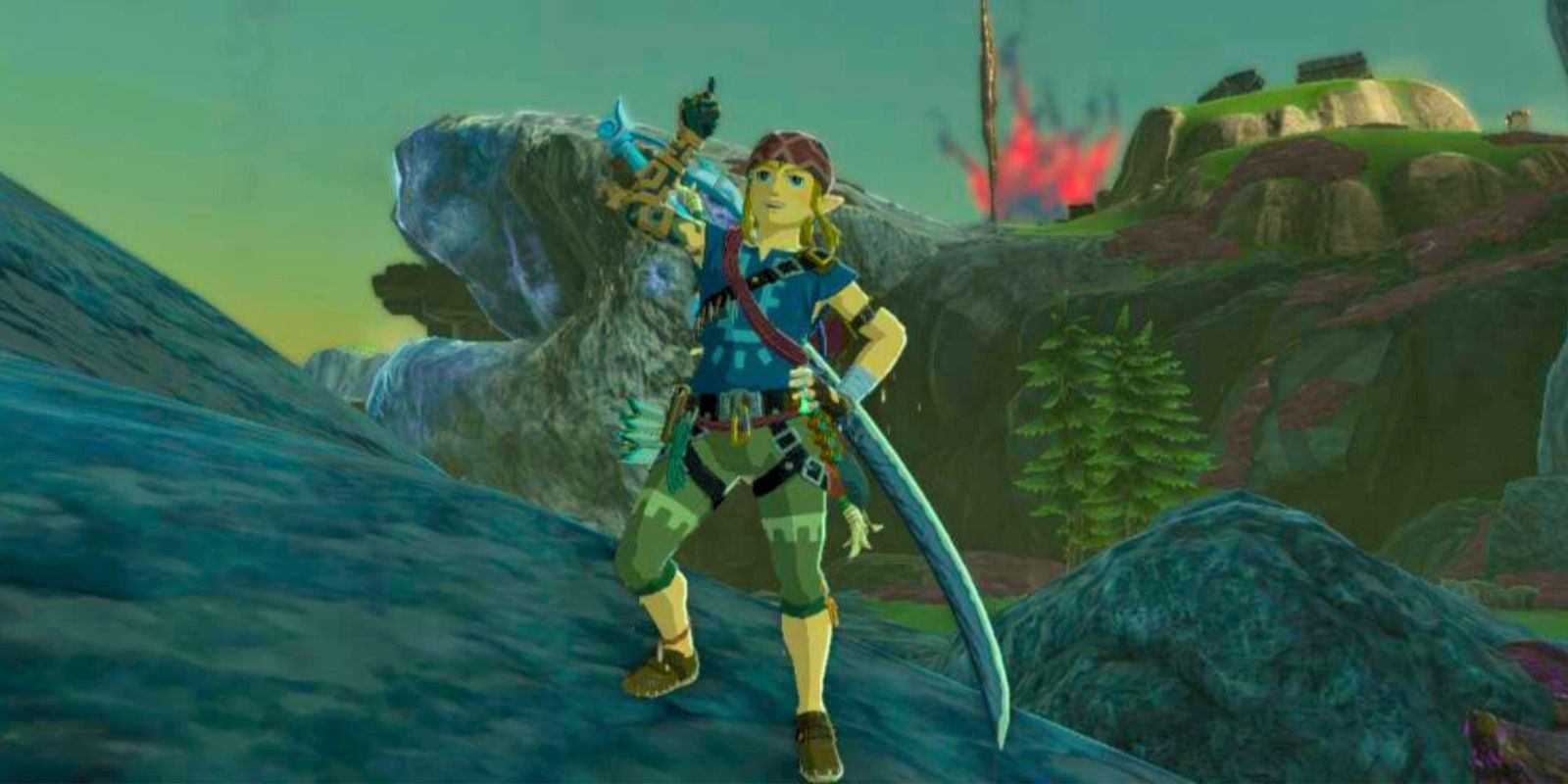 Link posed wearing all of the Climbing Gear Armor pieces in Zelda: Tears of the Kingdom 