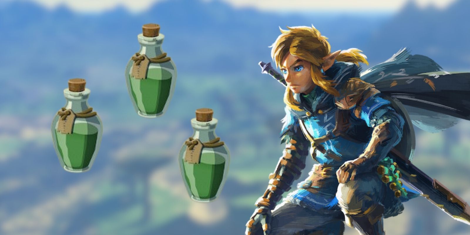 Link posed with stamina elixirs for Zelda TOTK