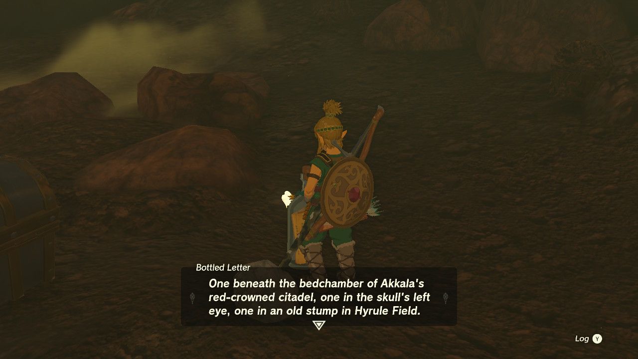 Link reading a letter in a bottle that describes the locations of Fierce Deity armor