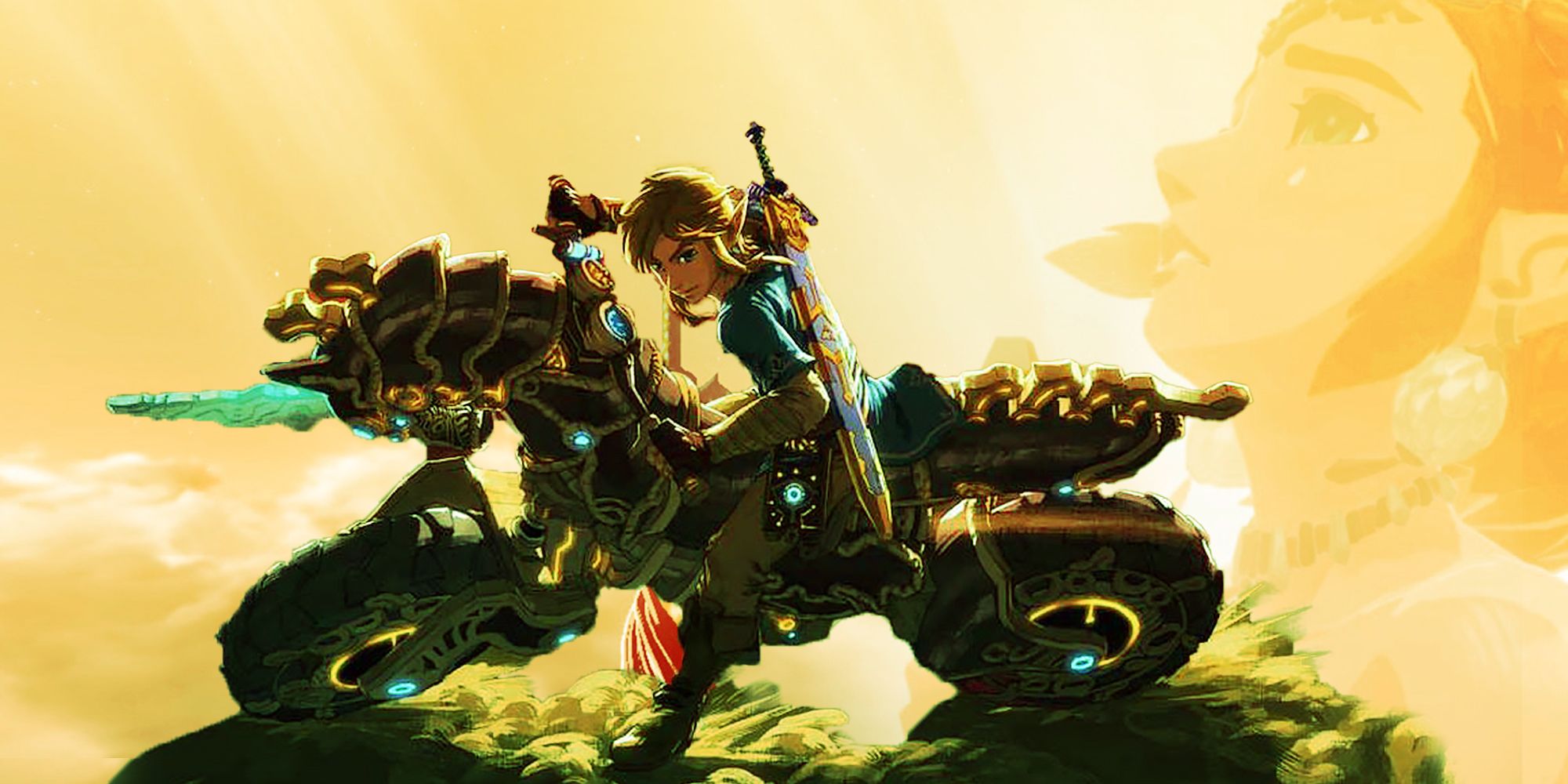 Link riding the Master Cycle Zero motorcycle in Breath of the Wild, with a shot of Tears of the Kingdom's version of Zelda fading into the sky behing him.