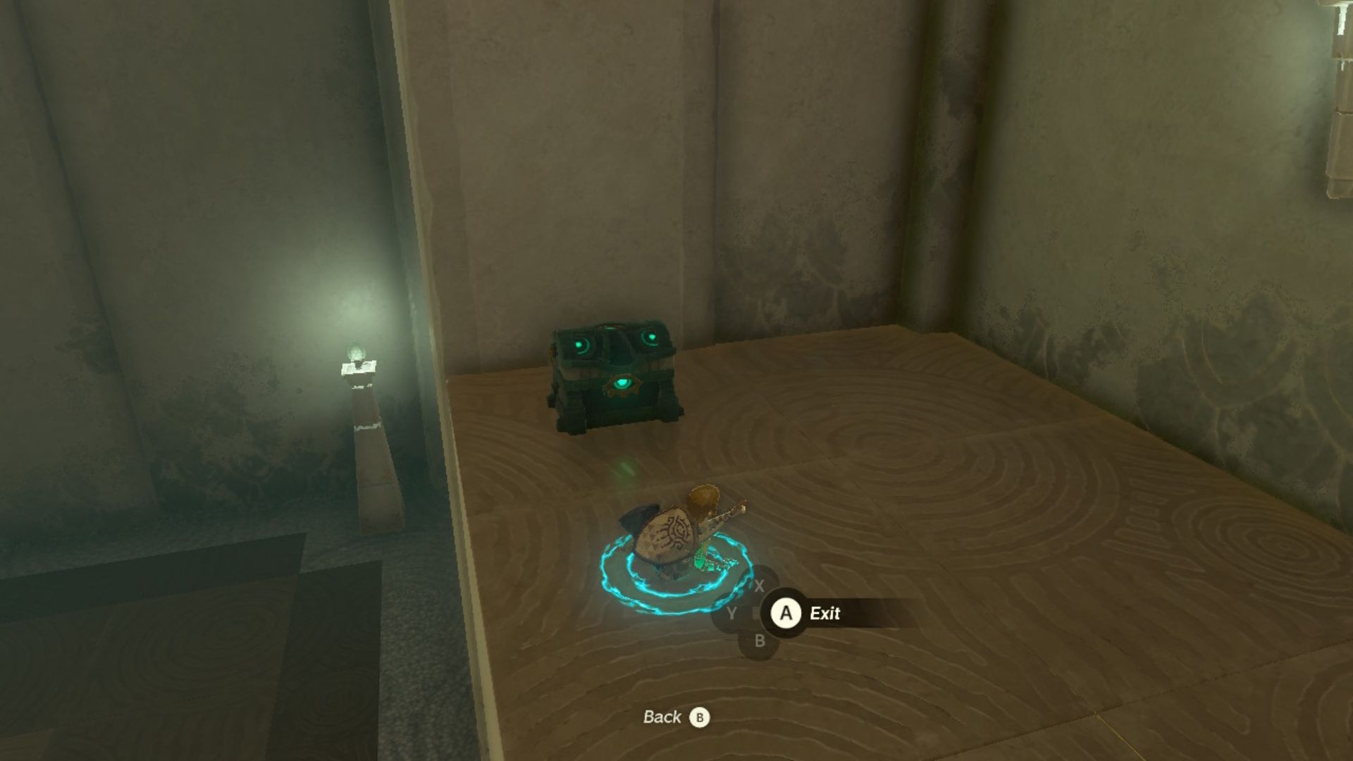 Link rising up out of the floor in front of a chest on a platform