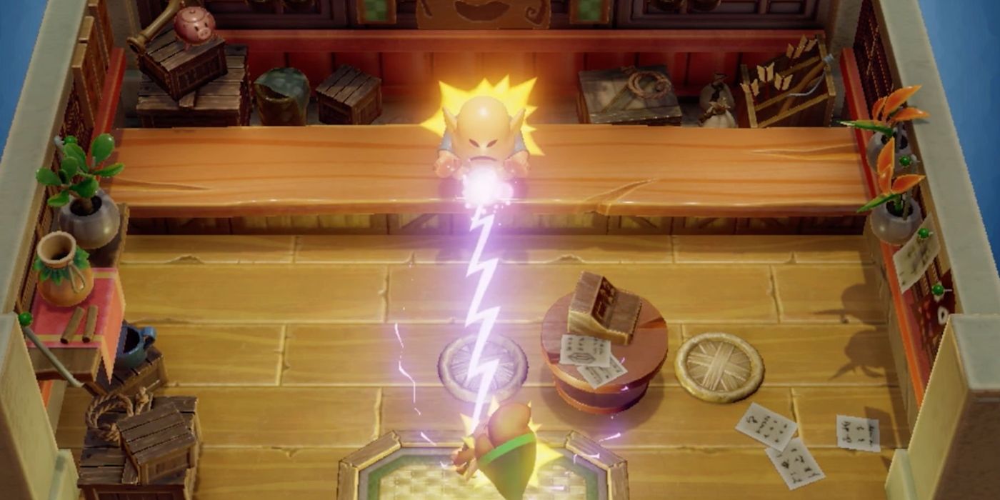 Link's Awakening, un commerçant tire sur Link avec un pistolet laser