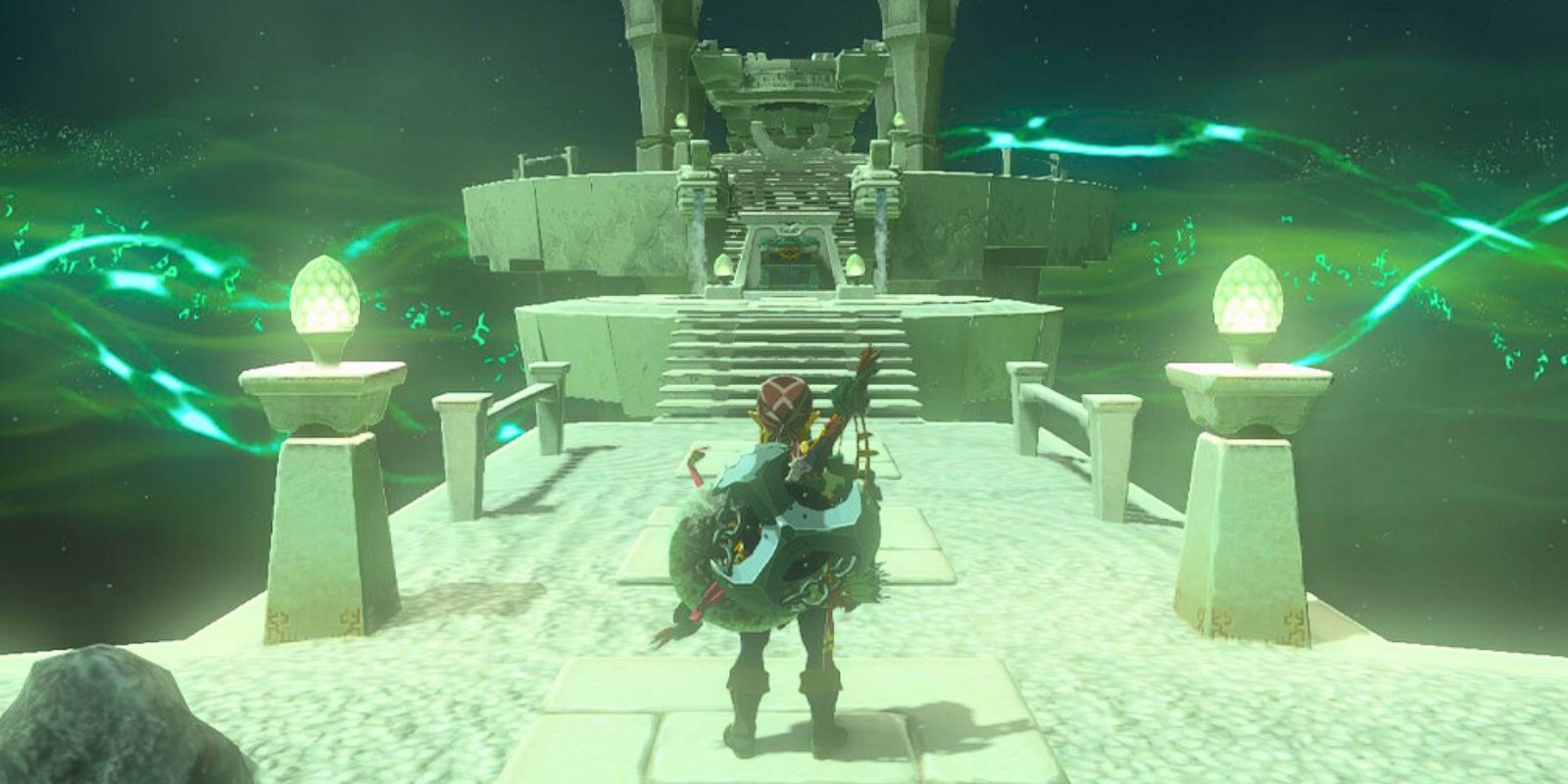 Link standing in a Rauru's Blessing Shrine in Zelda TOTK