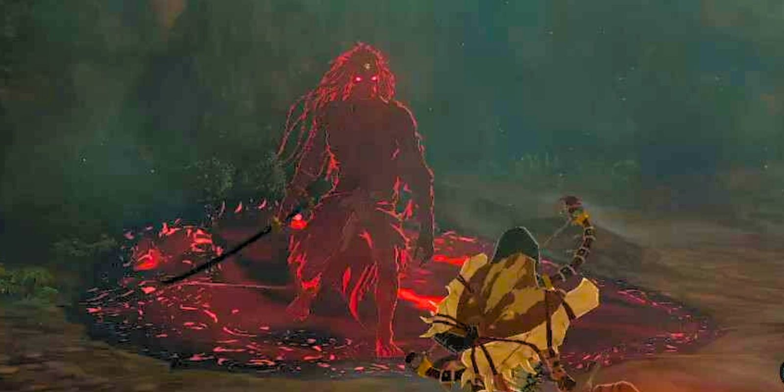 Link standing in front of Phantom Ganon, who is carrying a sword in Tears of the Kingdom.