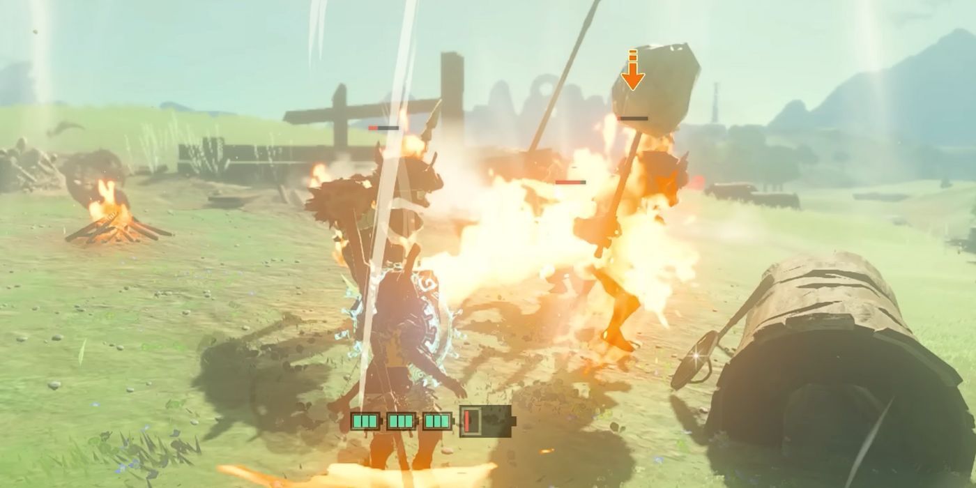 Link using a Flame Emitter attached to a shield against a group of enemies in Tears of the Kingdom.