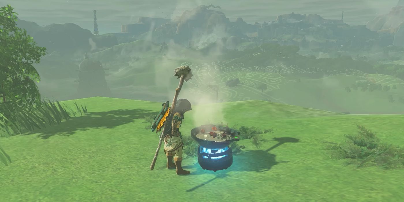Link standing in front of a Portable Pot as it simmers in Tears of the Kingdom.