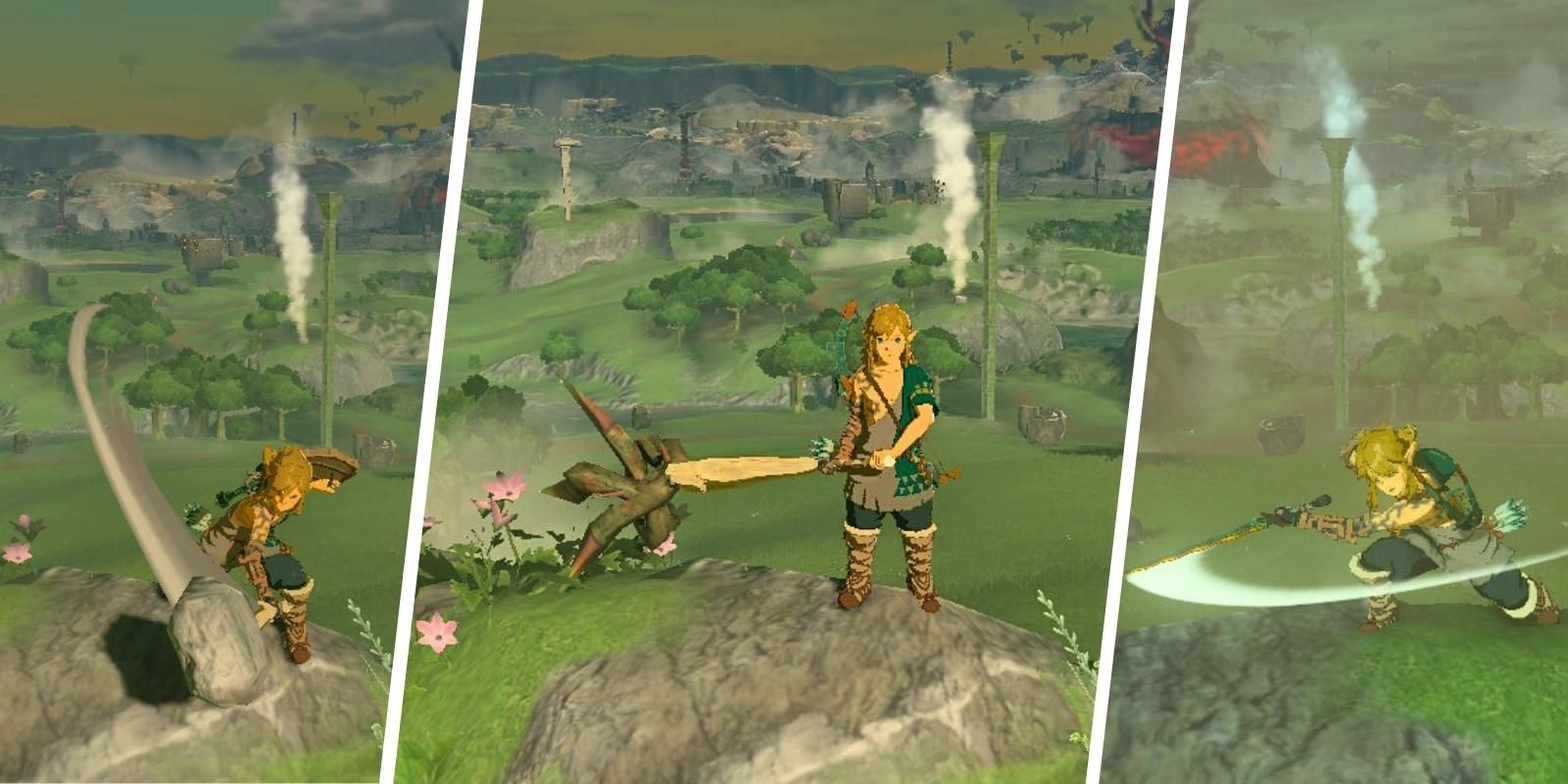 Link using various fused weapons in collage