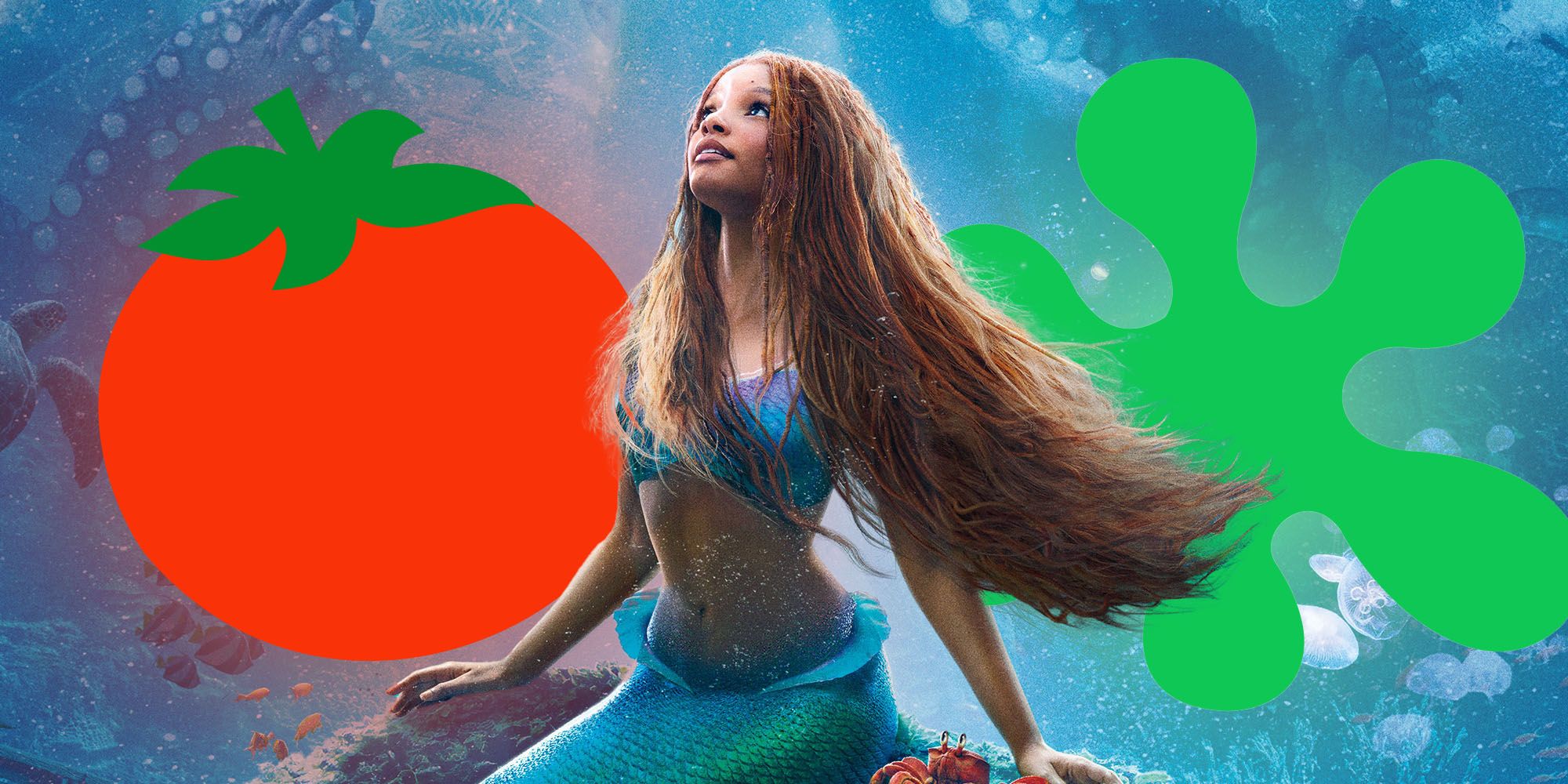Halle Bailey as Ariel in The Little Mermaid with Rotten Tomatoes emblems