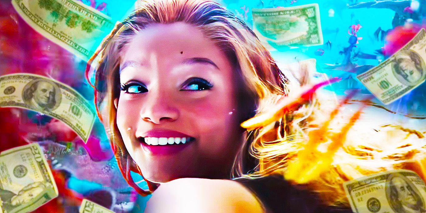 Halle Bailey in The Little Mermaid with money floating around her