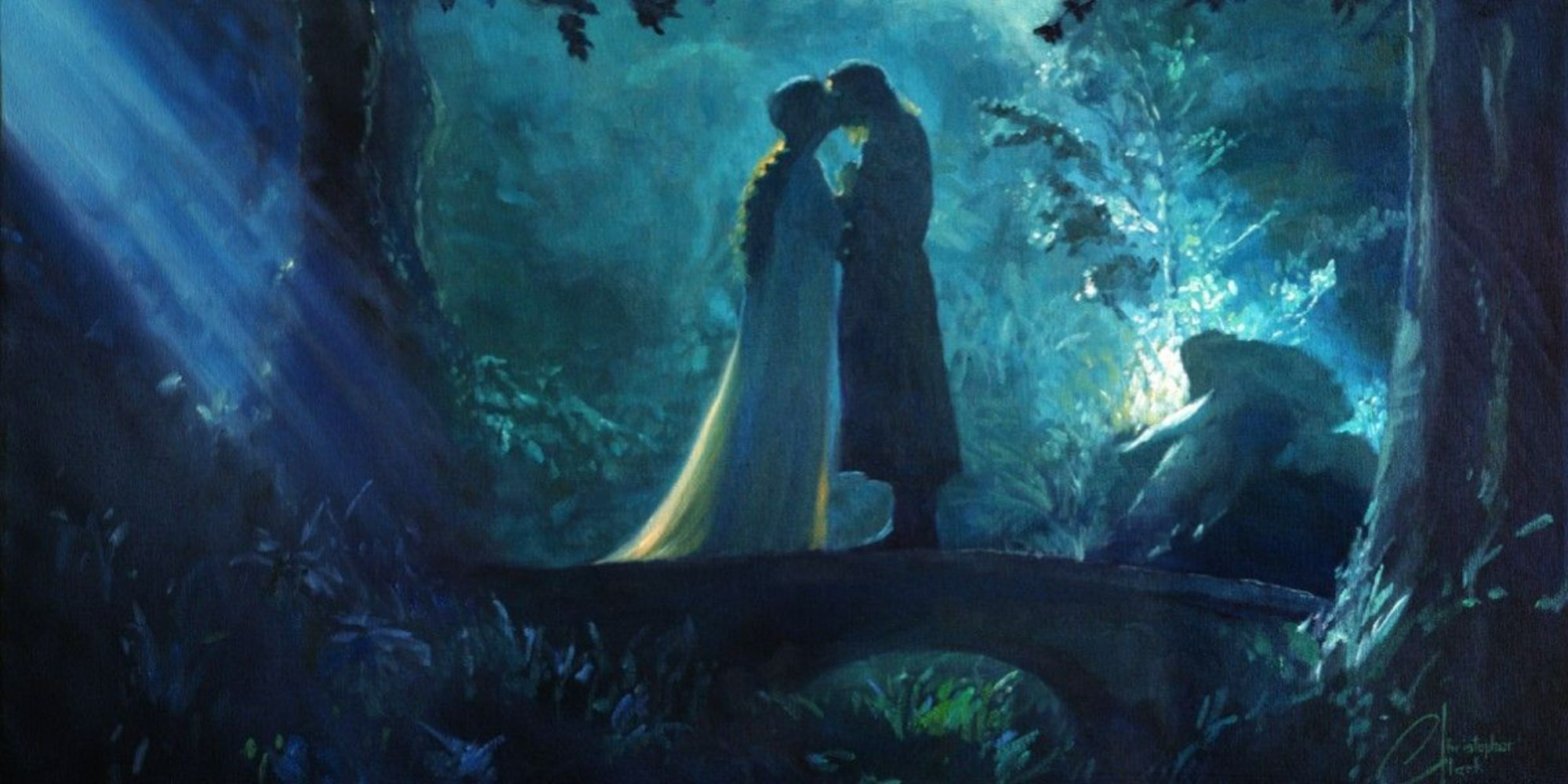 Aragorn and Arwen kiss in the forest in Jackson's Lord Of The Rings