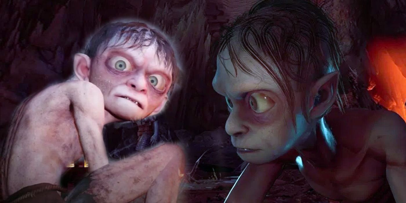 Lord Of The Rings Gollum stares shocked at camera while looked closely at from right