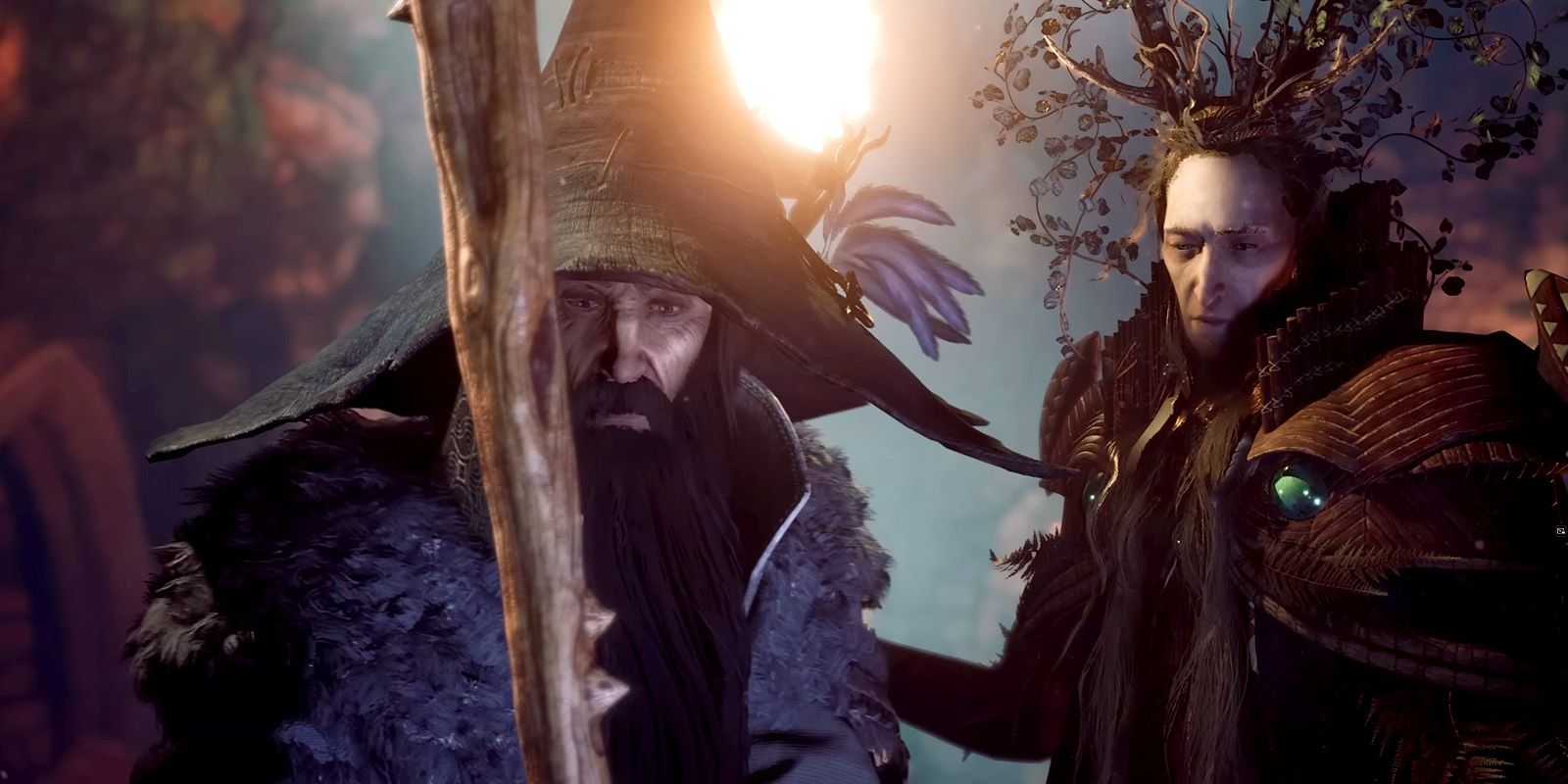 Gandalf and Thranduil in LOTR: Gollum. The former is holding his staff out toward the camera, while the latter is slightly behind Gandalf, looking at him.