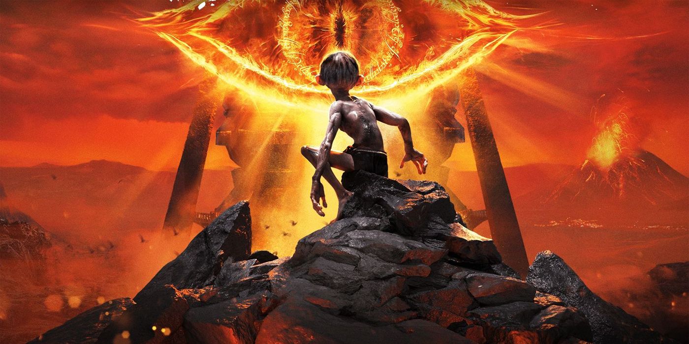 Gollum sits on a rock looking toward the Eye of Sauron with Mount Doom to the right in the distance in the cover art for The Lord of the Rings: Gollum.