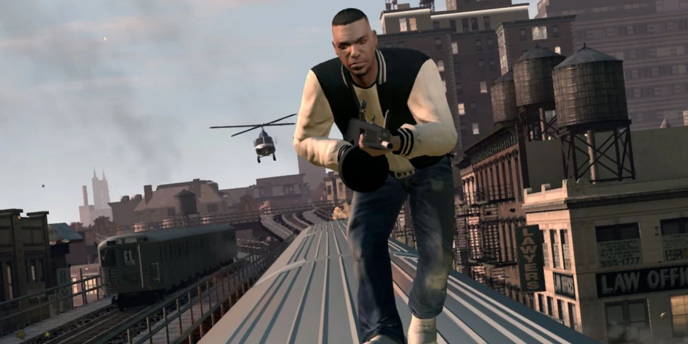 Luis Fernando Lopez holding a gun and running on the top of a city train while a helicopter chases him in the background of GTA 4: Ballad of Gay Tony.