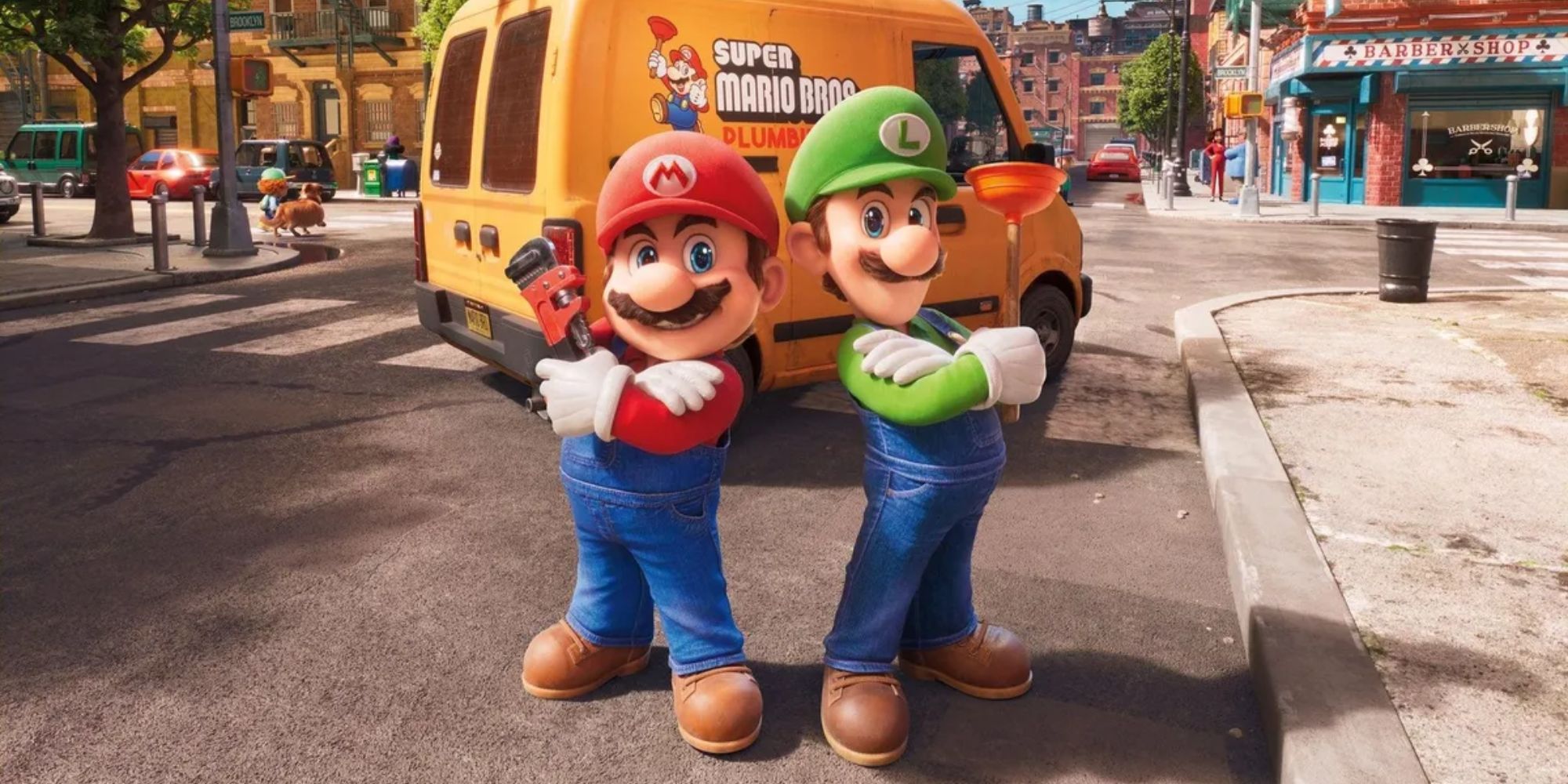 Mario and Luigi standing in front of their van in the Super Mario Bros. Movie