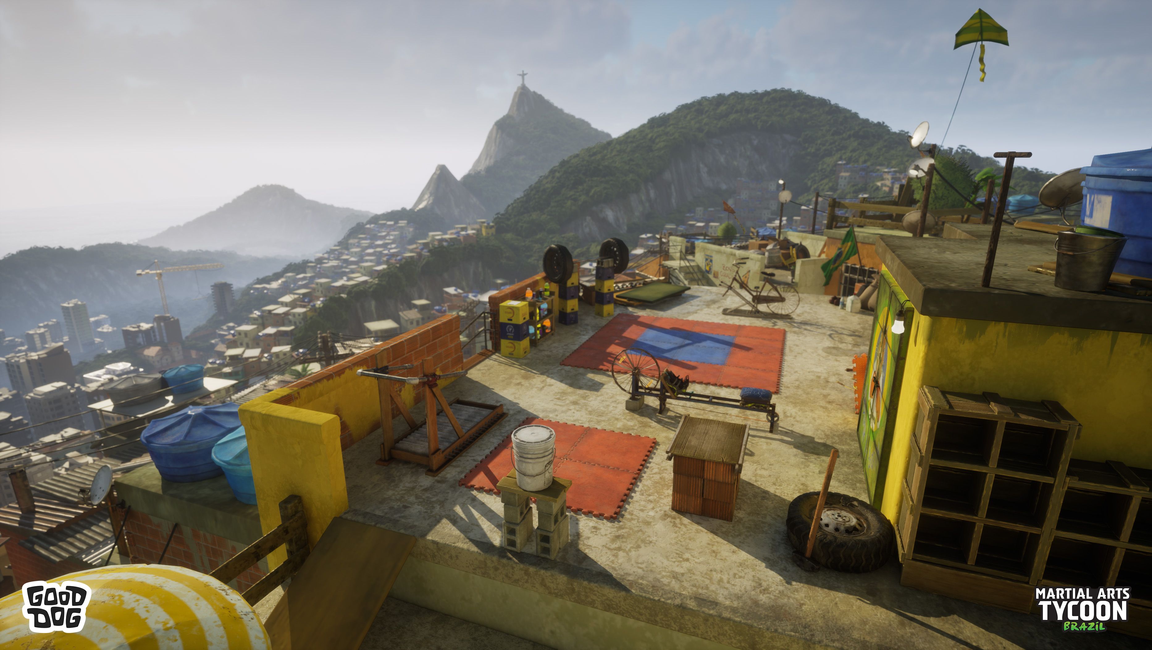 Martial Arts Tycoon rooftop gym overlooking the favela.