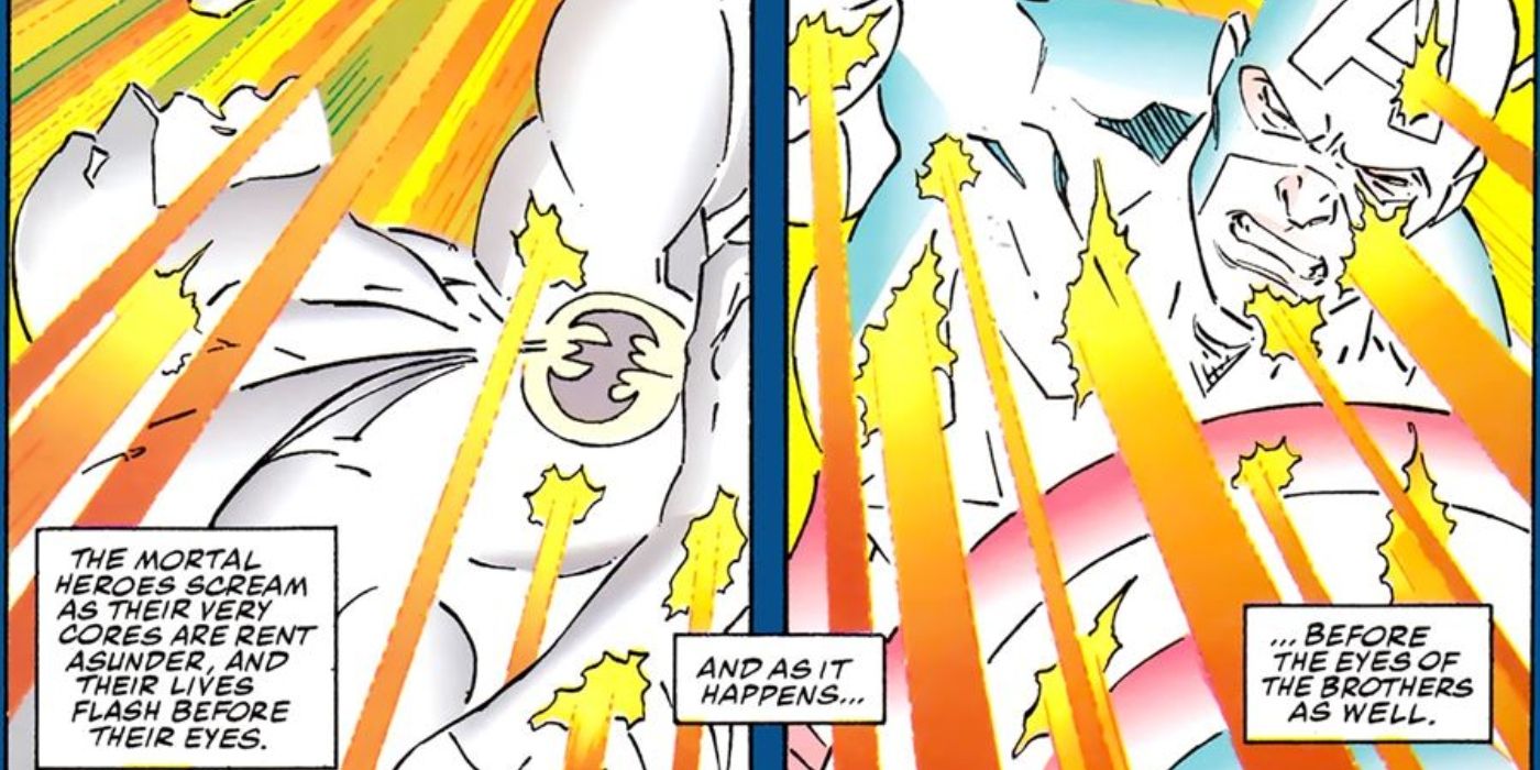 Batman and Captain America examined by Cosmic Gods.