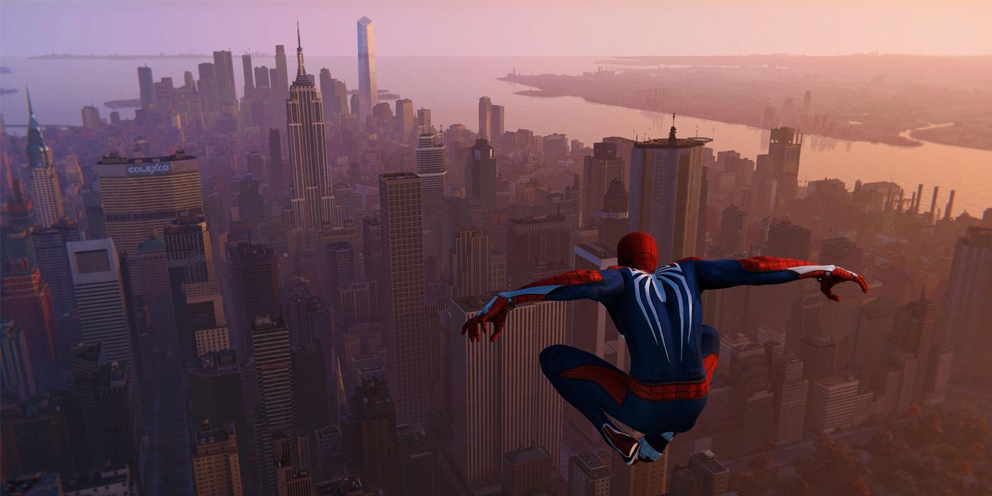 Spider-Man jumping high above the open-world Manhattan map in Marvel's Spider-Man