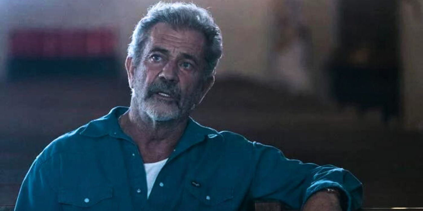 Mel Gibson looking serious in Father Stu