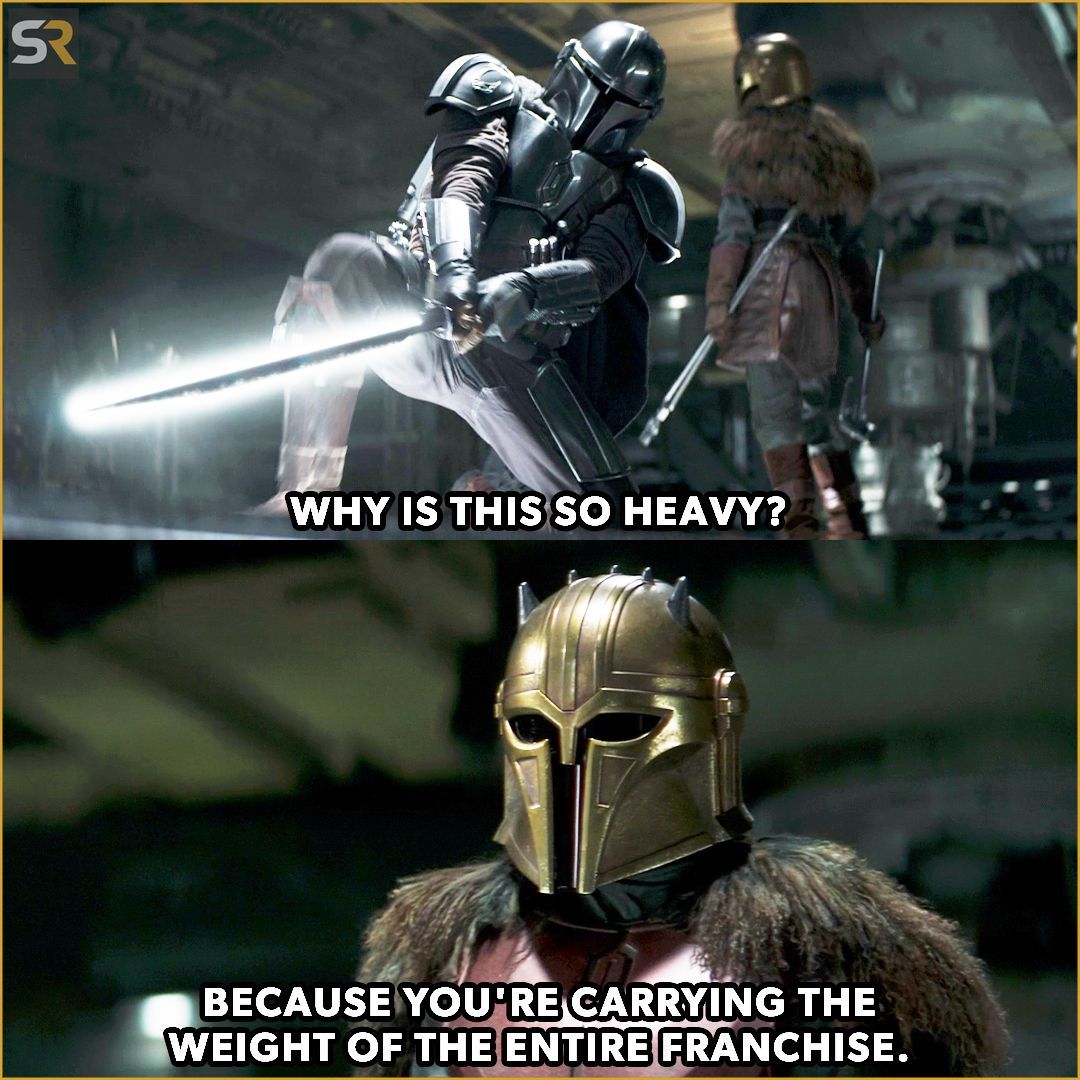 A Star Wars meme showing the Mandalorian trying to lift a heavy sword