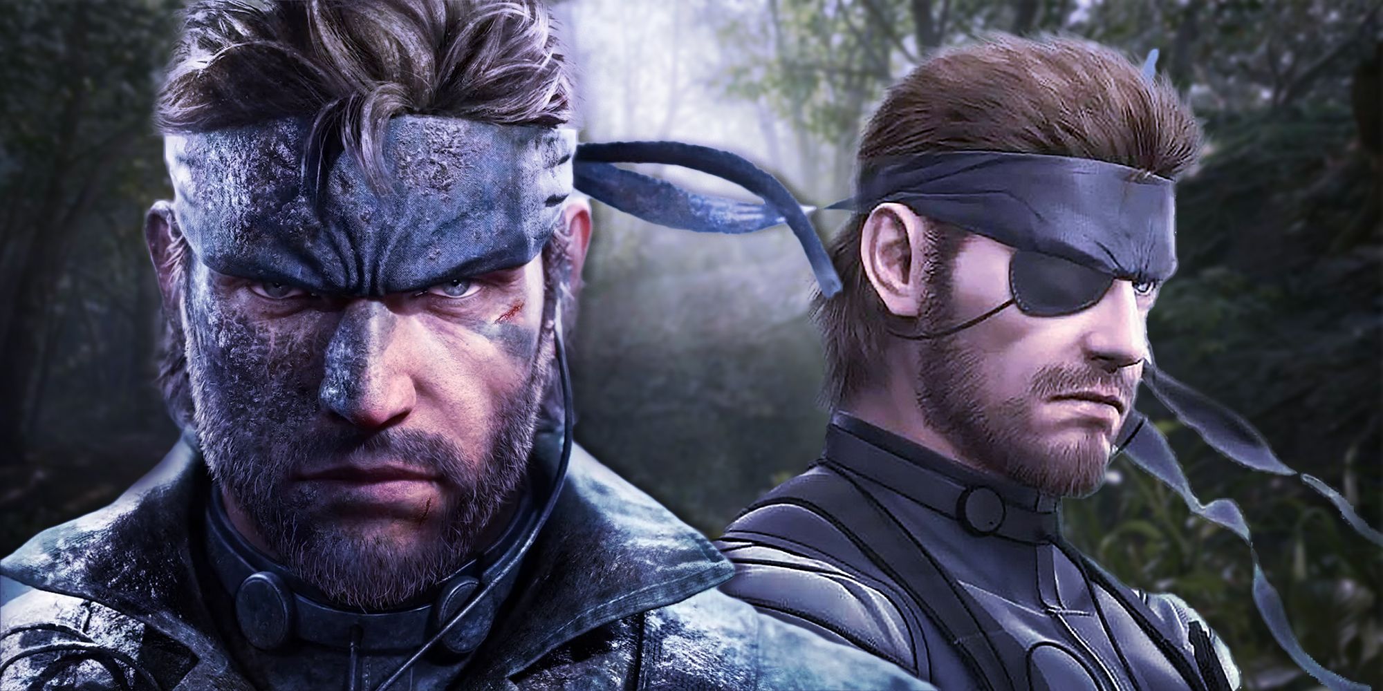 Snake from the Metal Gear Solid Delta: Snake Eater reveal trailer alongside Snake from the original Snake Eater game in a jungle environment