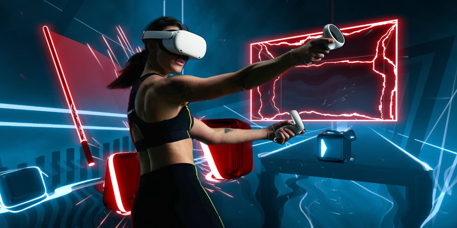 A woman using a Meta Quest 2 with Beat Saber in the background.