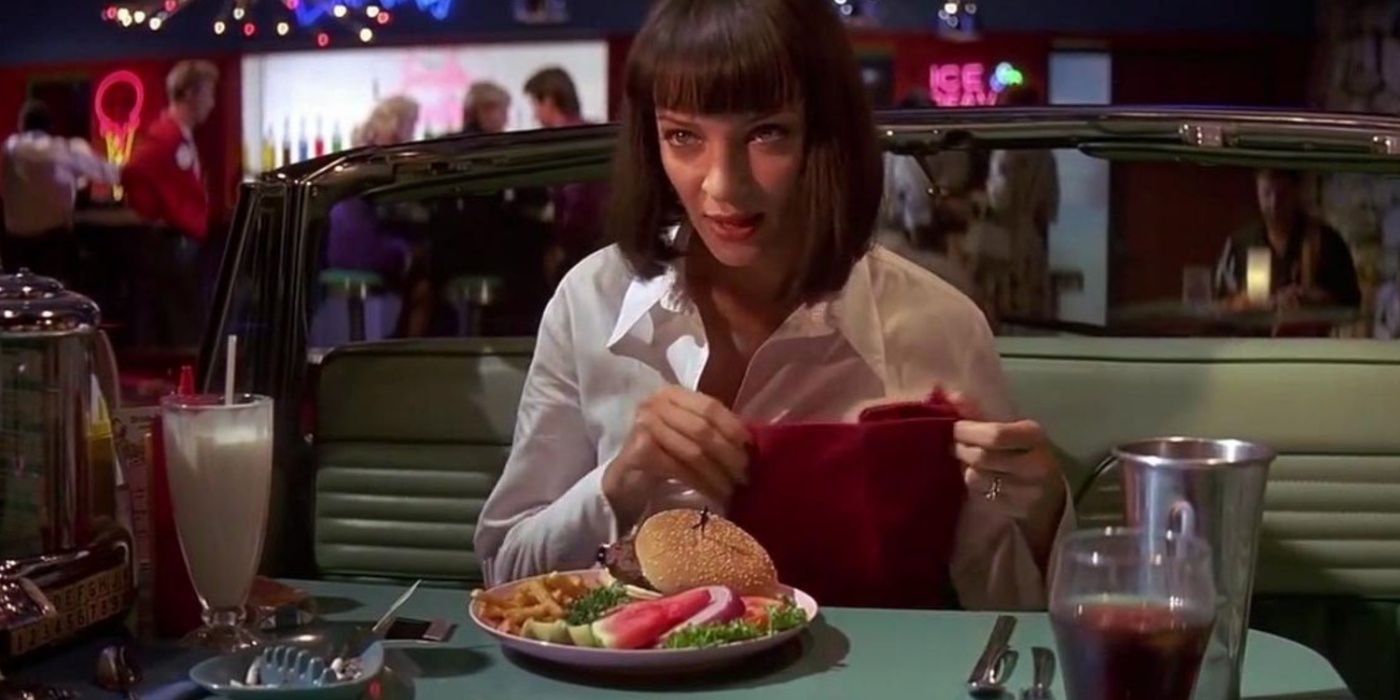 Mia Wallace preparing to eat her food in Pulp Fiction