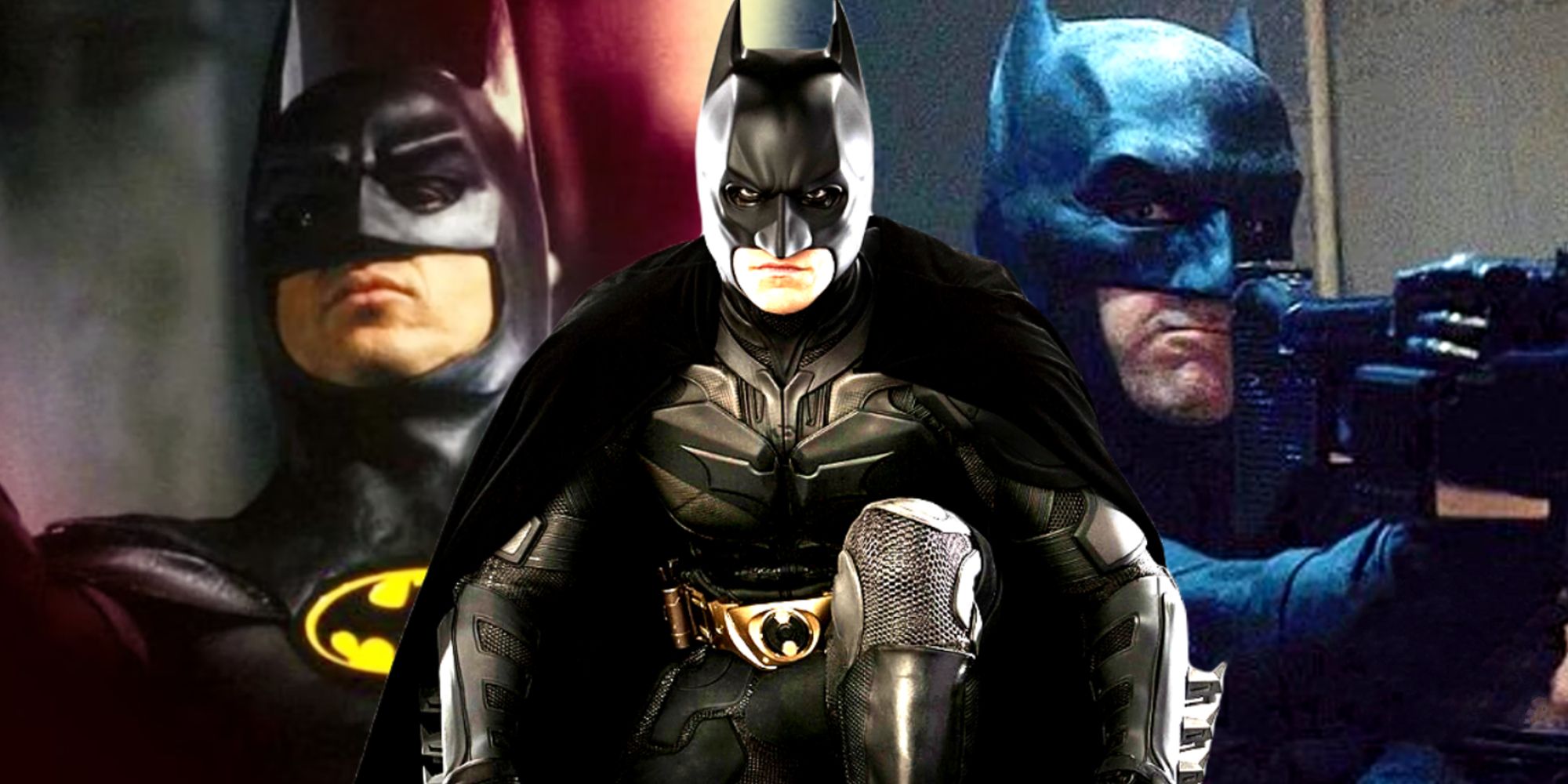 Split image of Michael Keaton, Christian Bale, and Ben Affleck's Batman