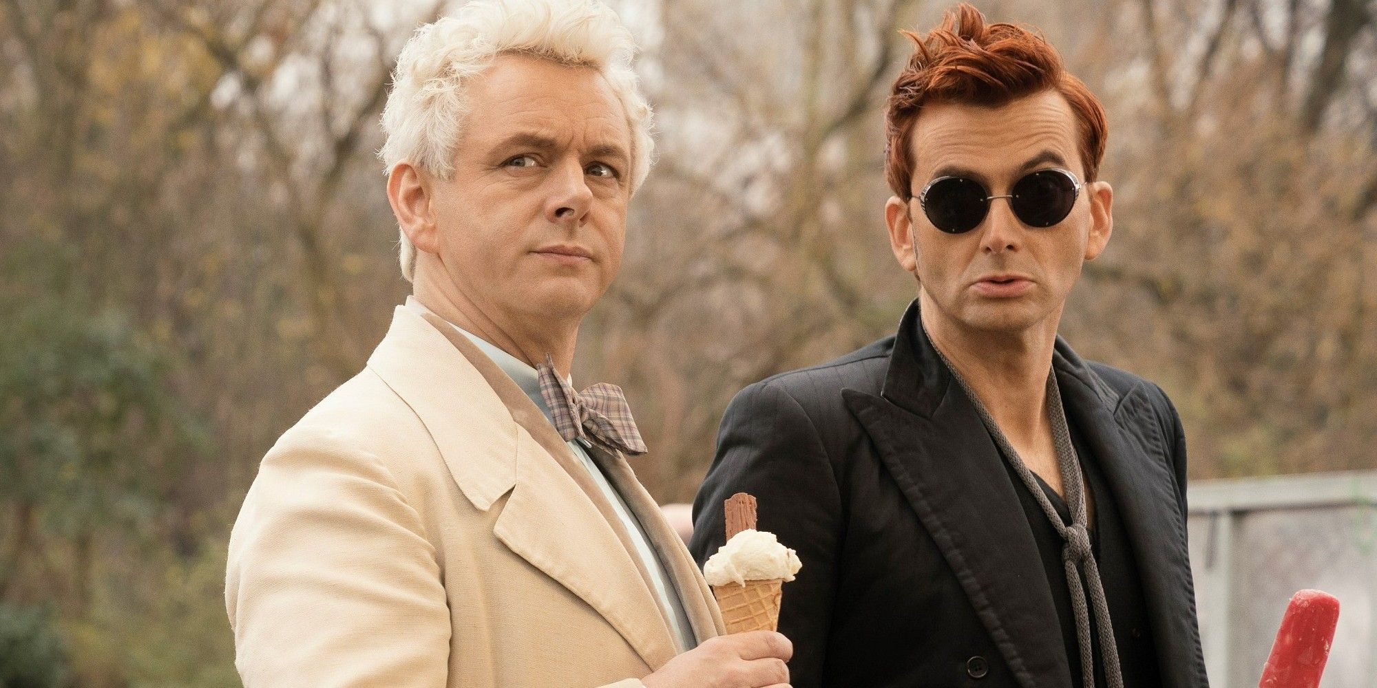 Michael Sheen and David Tennant as the angel and demon in Good Omens