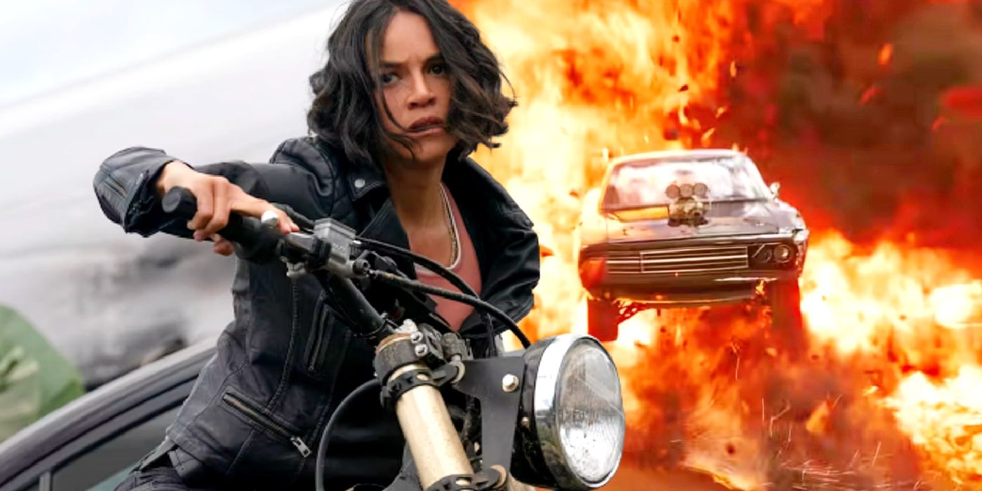 Michelle Rodriguez in Fast X juxtaposed with a car driving away from an explosion.