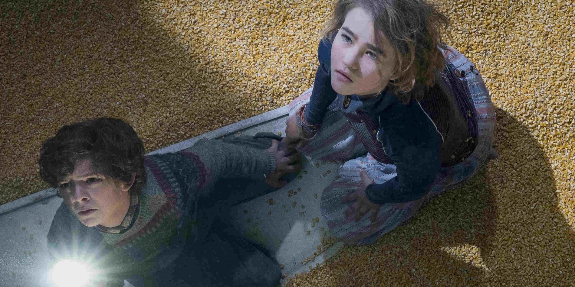 Millicent Simmonds and Noah Jupe in a corn silo in A Quiet Place