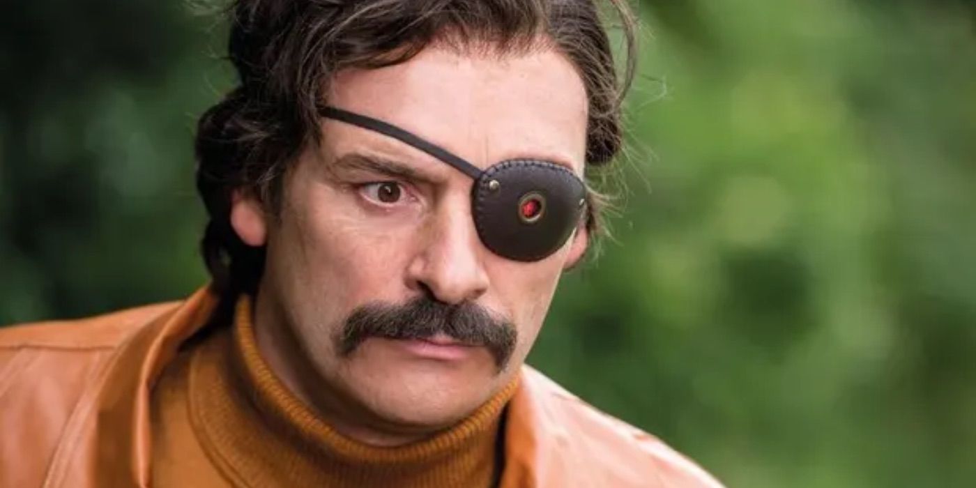 A man looks on while wearing an eyepatch in Mindhorn