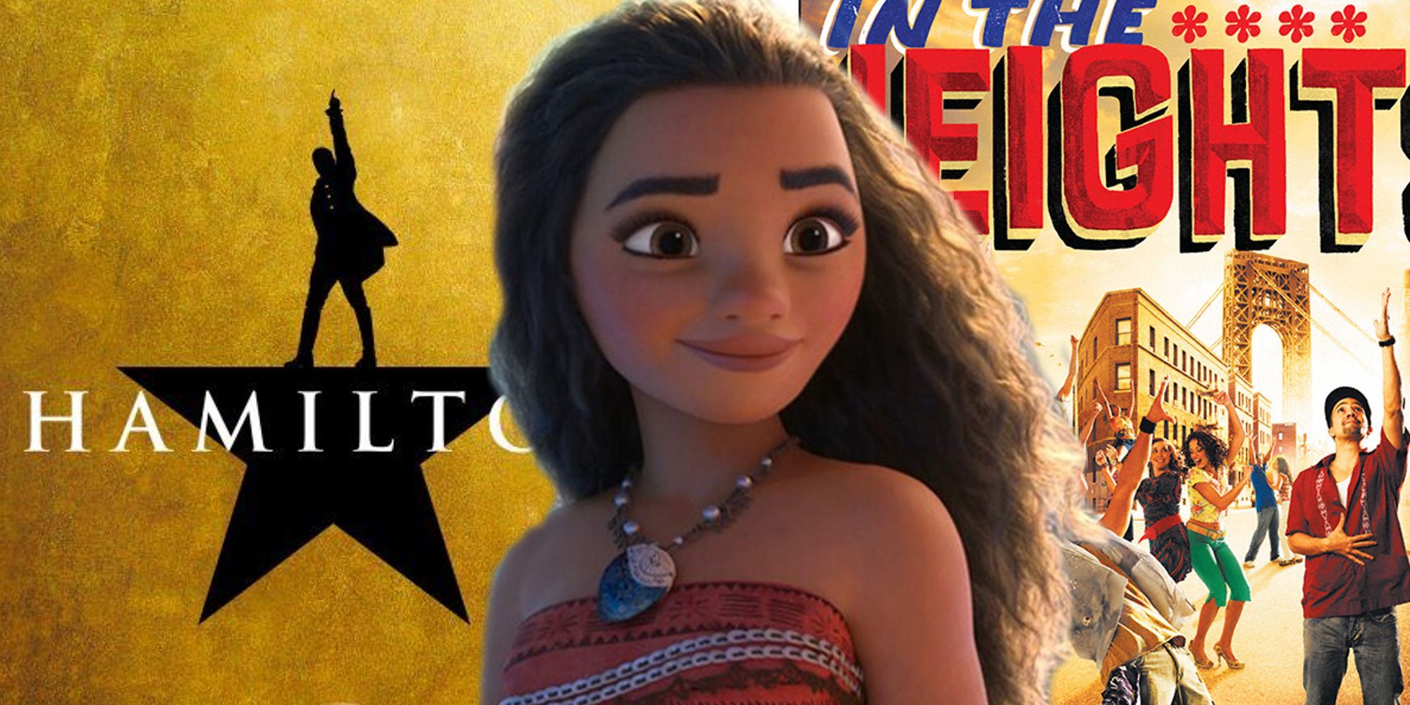 Moana smiling in the center with Hamilton and In The Heights poster in the background