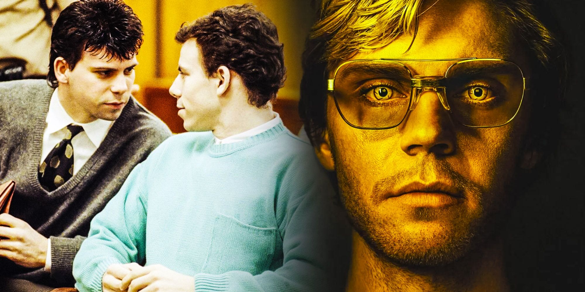 A split image of the Menendez Brothers and Evan Peters as Jeffrey Dahmer