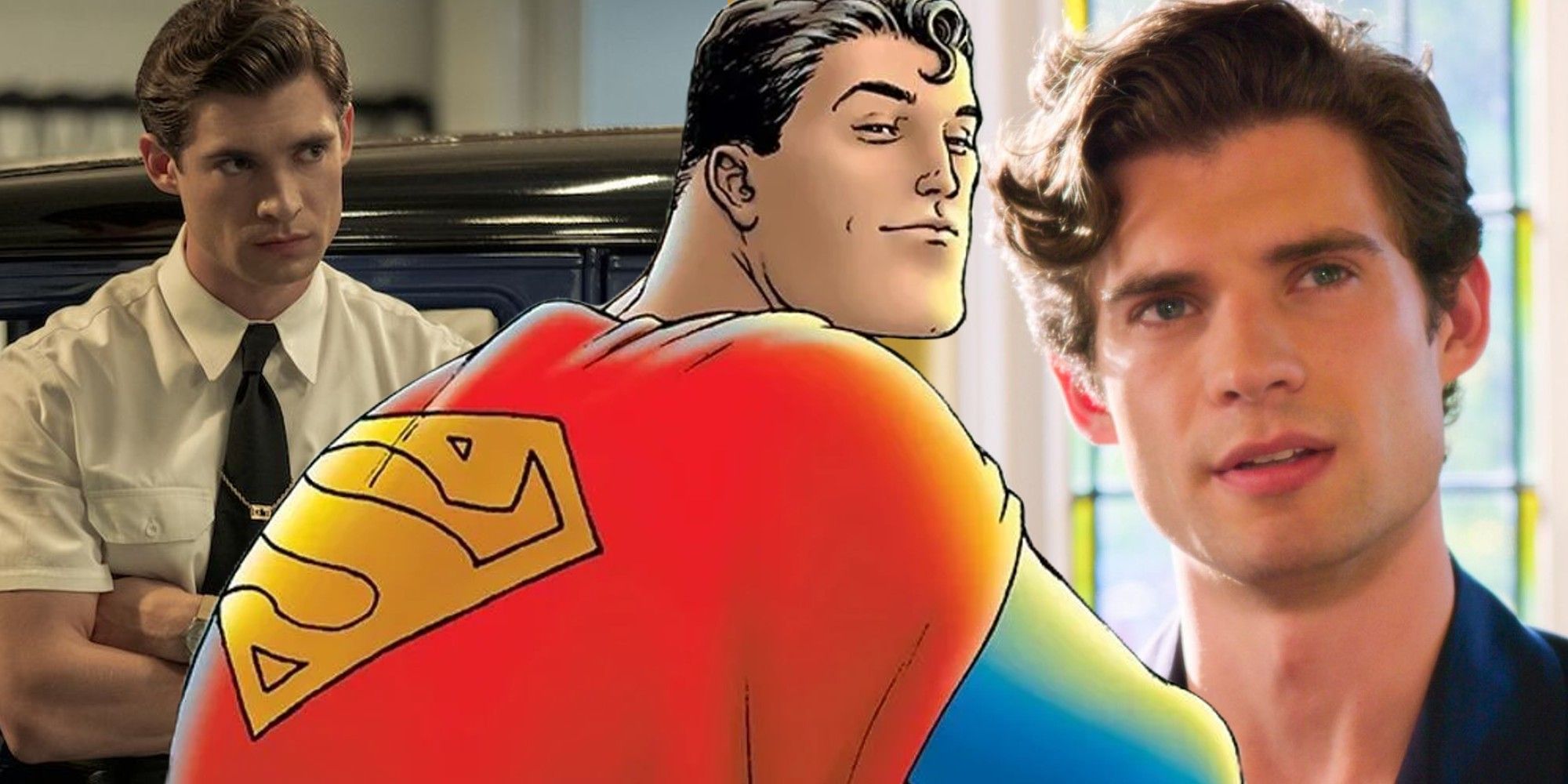 Montage of David Corenswet from Hollywood on the left, Superman from the All-Star Superman comics in the center, and Corenswet in a scene from The Politician on the right.