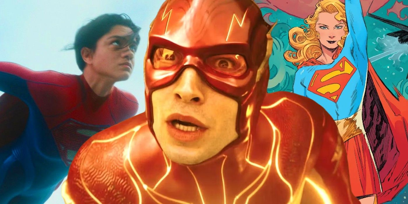 مونتاج من عزرا ميلر The Flash في المنتصف تبدو في حالة صدمة ، Sasha Calle's Supergirl على اليسار تحلق ، وغطاء Supergirl: Woman of Tomorrow Comic.