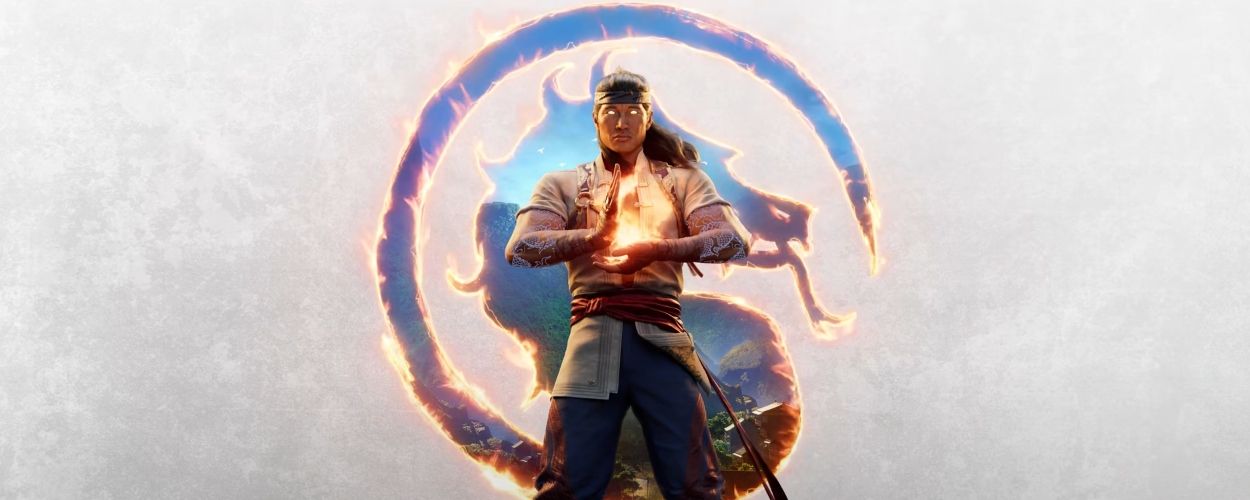Mortal Kombat 1's Fire God Liu Kang poses in front of the franchise's logo.