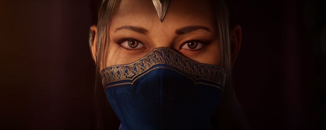 A close-up on Kitana's face in Mortal Kombat 1. She wears a blue mask over her nose and mouth.