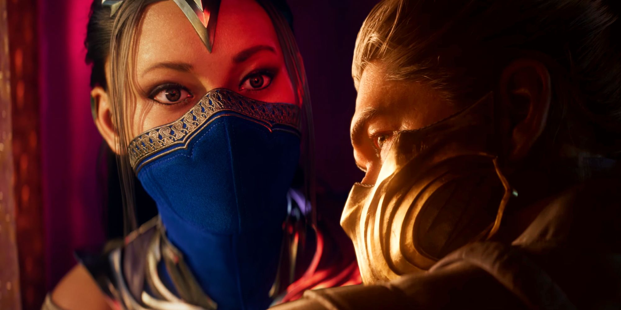 Kitana and Scorpion from Mortal Kombat 1's trailer, edited together. Kitana is looking toward and past the camera, while Scorpion is glancing over his shoulder with back turned.
