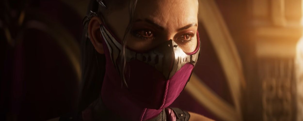 A close-up on Mileena's face in Mortal Kombat 1. She wears a pink mask over her nose and mouth.