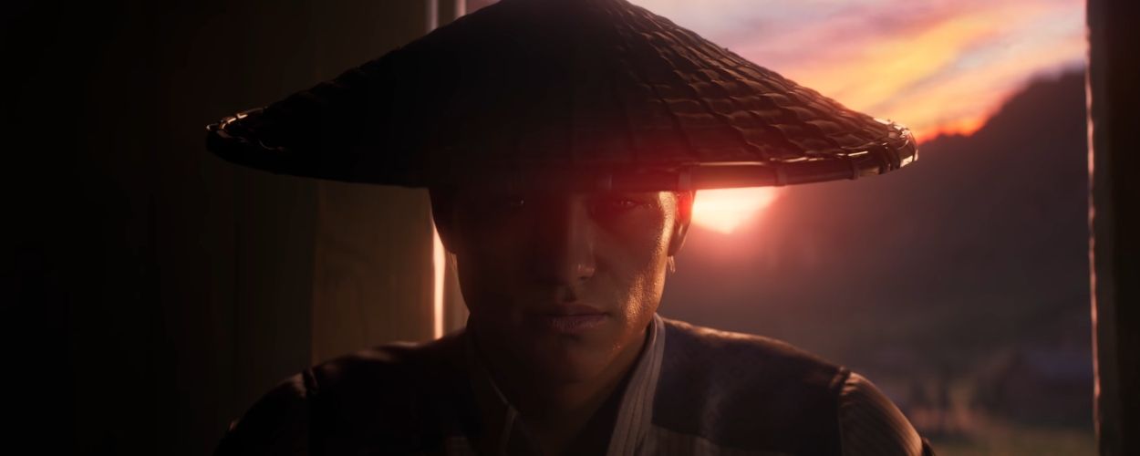 Mortal Kombat 1's Raiden is sitting in a dark room with his hat on his head.