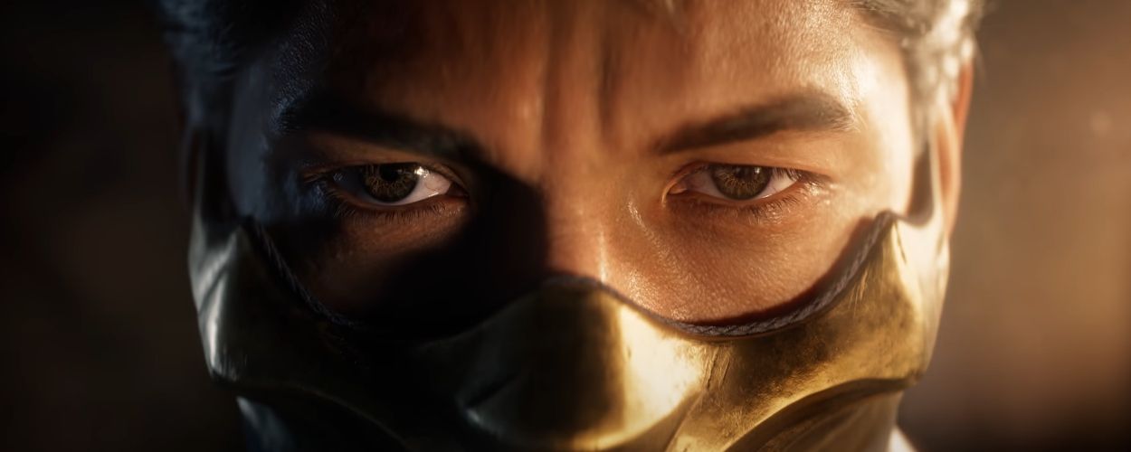 A close-up on Scorpion's face in Mortal Kombat 1.