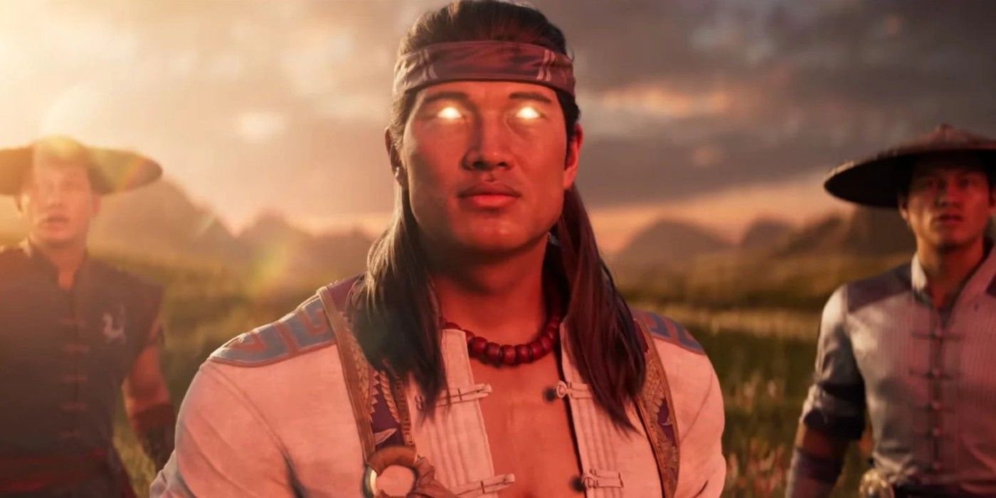 Mortal Kombat 1's Liu Kang stands with his eyes glowing in the middle. To the left is Kung Lao, and to the right is Raiden.