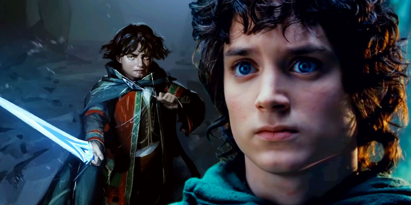 Elijah Wood as Frodo Baggins in the Lord of the Rings films next to an illustration of Frodo made for Magic: The Gathering's upcoming LOTR collaboration set.