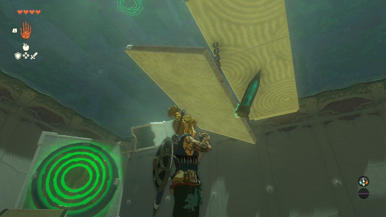 Link looking at a stake holding up a platform with a target in the background