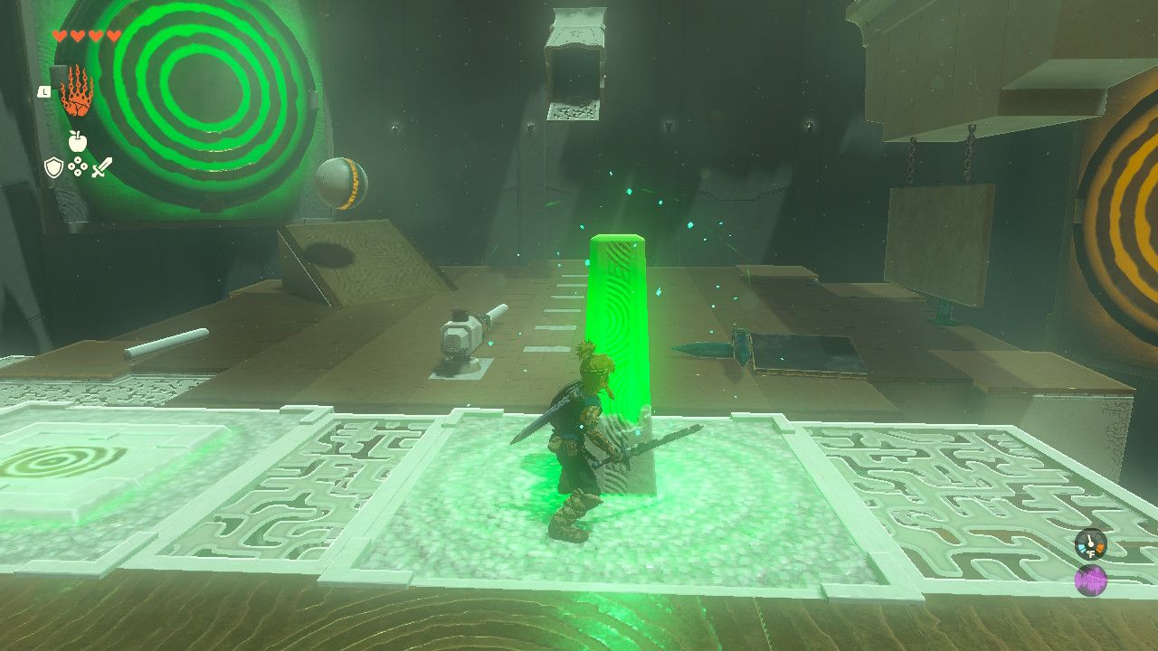 Link standing in front of a switch glowing green with two targets in the background