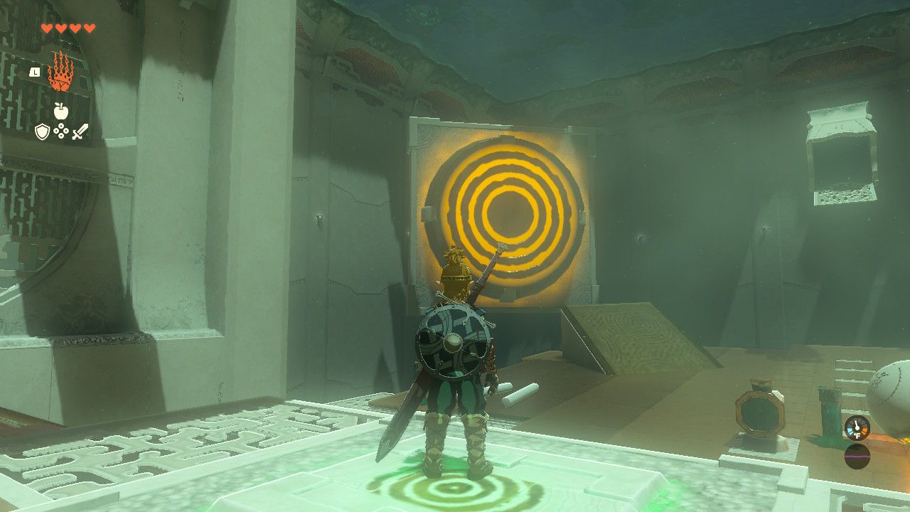 Link standing in front of a target in the Myachin Shrine