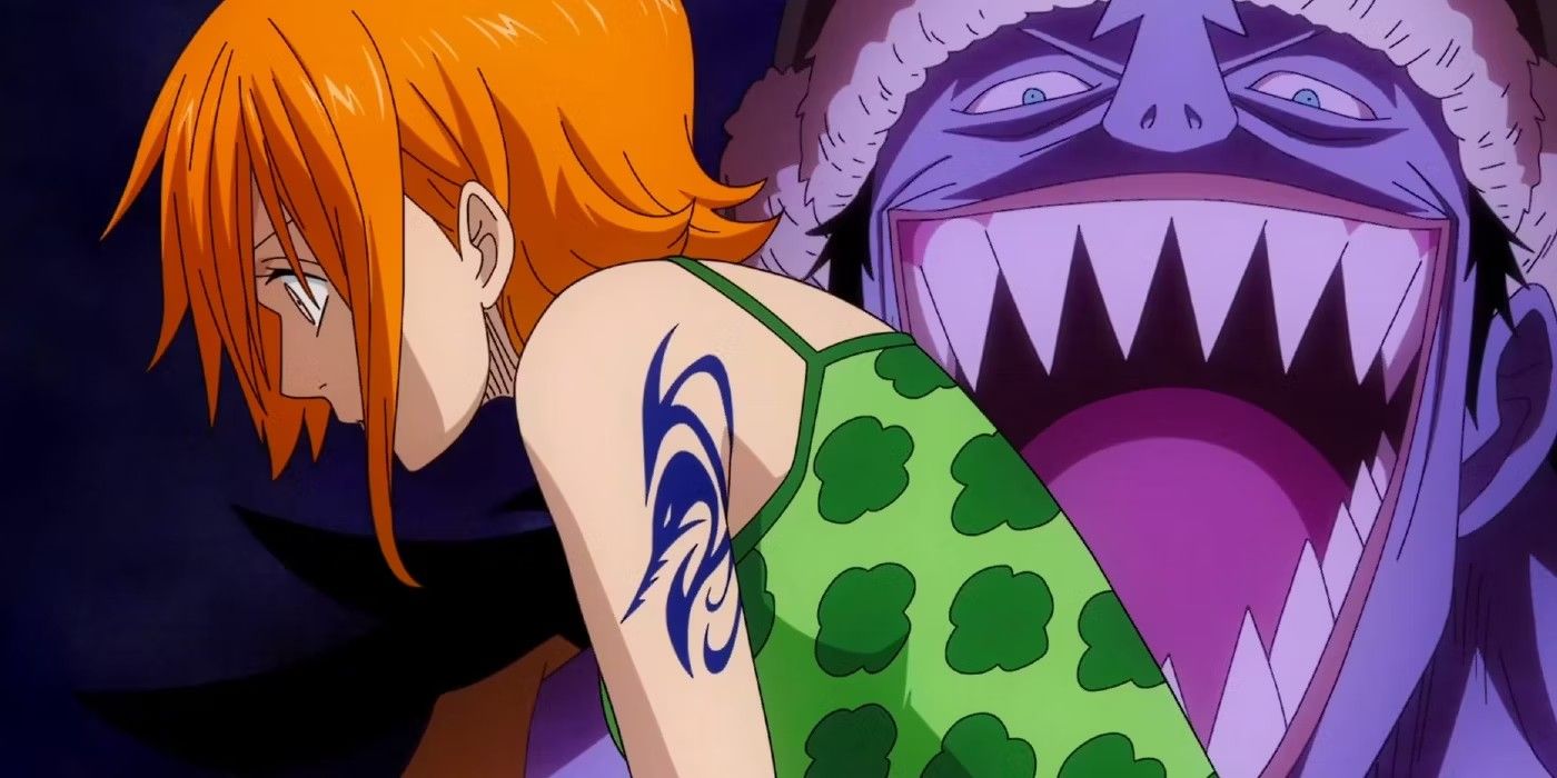 One Piece's Nami looks devastated while Arlong laughs behind her.