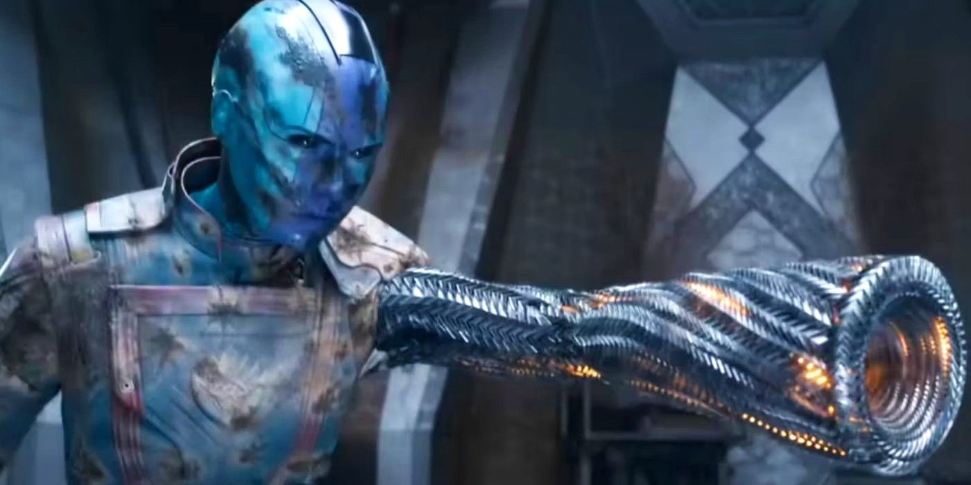 Nebula with her new arm taking the form of a cannon in Guardians of the Galaxy Vol. 3